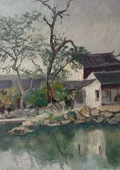 张鸿然作品12 油画《网师园》  33X47cm 2019年